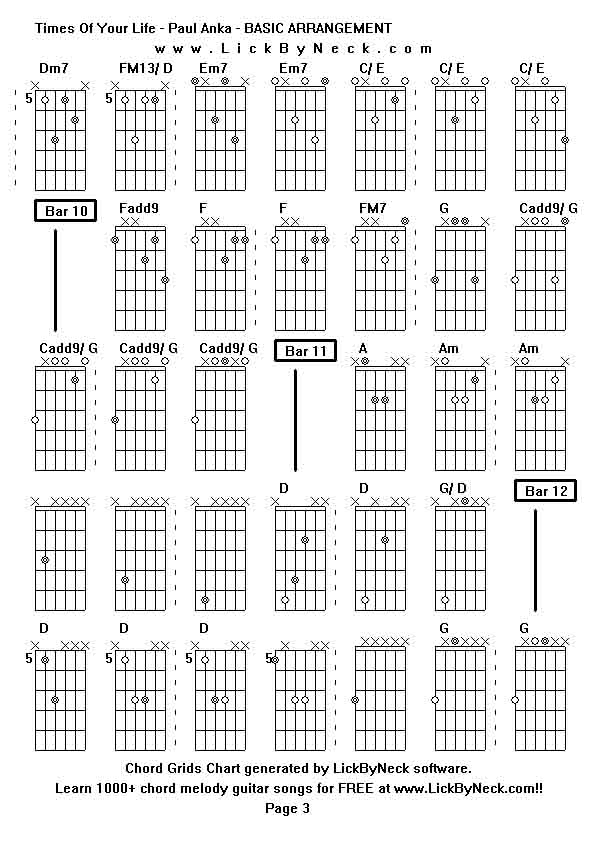 Chord Grids Chart of chord melody fingerstyle guitar song-Times Of Your Life - Paul Anka - BASIC ARRANGEMENT,generated by LickByNeck software.